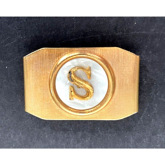 Vintage Brass with Mother of Pearl Letter Initial S Belt Buckle Small - Picture 1 of 6